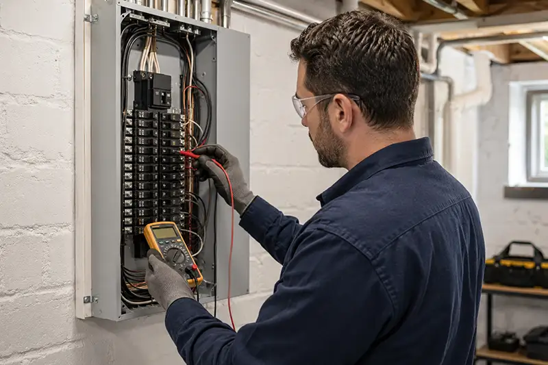 Electrician testing an electrical panel